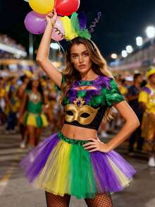 亮片羽毛装饰的狂欢节服装，三色设计，适合狂欢节派对和化装舞会。 - 彩色 - 查看 1