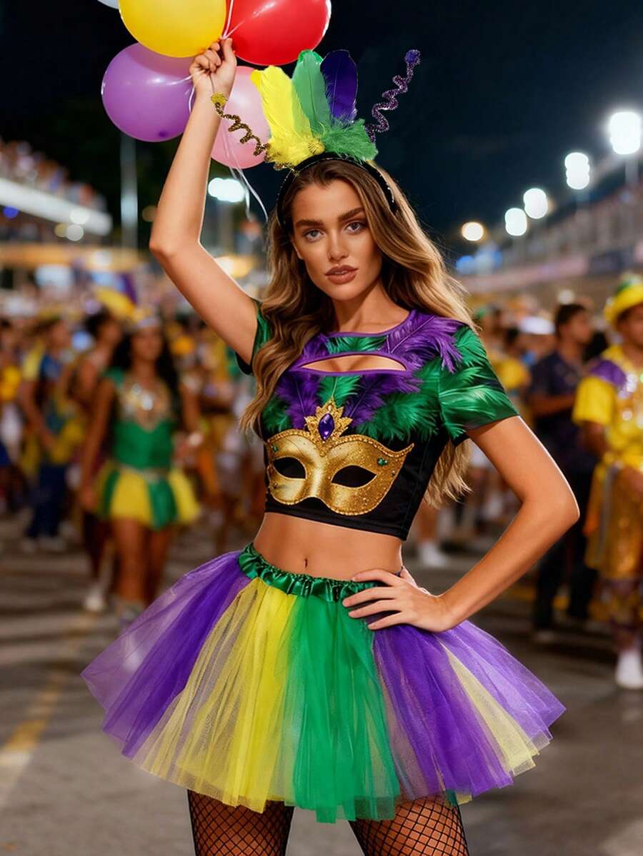 亮片羽毛装饰的狂欢节服装，三色设计，适合狂欢节派对和化装舞会。 - 彩色 - 查看 1