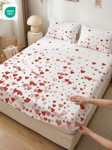 仅含1件床笠，情人节爱心图案床笠，床垫保护套，床罩，床单，舒适家纺，防皱，透气舒适，适用于各种尺寸的床，适合家庭和学生宿舍使用，卧室装饰，床上用品，蓬松床上用品，女士礼物，不含枕头和枕套，可机洗，通过Oeko-Tex认证 - 彩色 - 查看 1