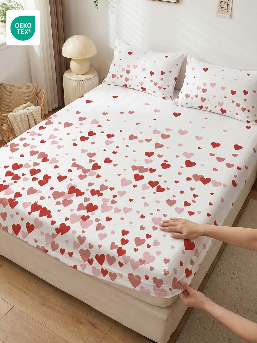 仅含1件床笠，情人节爱心图案床笠，床垫保护套，床罩，床单，舒适家纺，防皱，透气舒适，适用于各种尺寸的床，适合家庭和学生宿舍使用，卧室装饰，床上用品，蓬松床上用品，女士礼物，不含枕头和枕套，可机洗，通过Oeko-Tex认证 - 彩色 - 查看 1