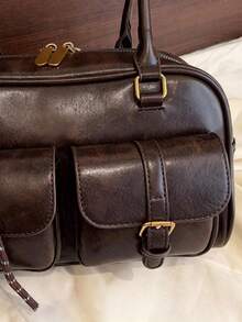 Classic Clown Solid Color PU Waterproof Fabric Bag, Letter Graphic Decor, Multi-Pocket Shell Bag, Can Be Worn As Shoulder Bag Or Underarm Bag, Comes With Pendant, Suitable For Travel, Shopping, Commuting, Party, Date And New Year Occasions. Retro Women's Handbag, Street-Style Japanese Fashion Bag. , Y2k - 咖啡棕 - 查看 8