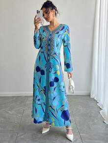 1pc Women's V-Neck Long Sleeve Casual Everyday Dress, Elegant Ditsy Floral Dress, New Arabic Style Dress, Beautiful Dress Suitable For Parties, Galas, Holidays, Ramadan, Great Gift For Mom And Daughter - Blue - View 6