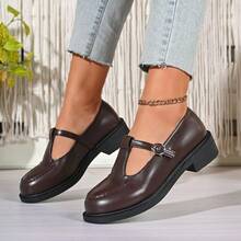 Retro British Style Mary Jane Shoes, Women's T-Strap Thick Heel Round Toe Slip-On Commuter Shoes - Brown - View 2