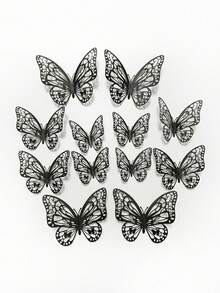 12片装3D镂空蝴蝶墙贴，蛋糕装饰，婚礼家居装饰，贴纸，墙贴，乙烯基贴纸，家居装饰，春季清新装饰，节日装饰贴纸，生日礼物，毕业礼物 - 黑色 - 查看 5