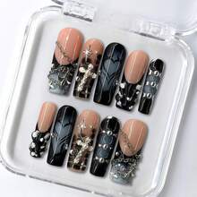NailLush 10 PCS Handmade Square Press-On Nails | Gothic Punk Luxury Black-Nude Acrylic Nails, 3D Cross & Metal Chain Embellished Star - màu đen - Xem 1