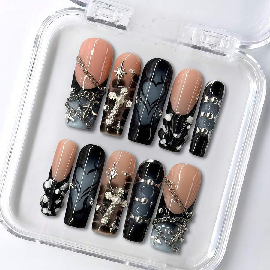 NailLush 10 PCS Handmade Square Press-On Nails | Gothic Punk Luxury Black-Nude Acrylic Nails, 3D Cross & Metal Chain Embellished Star - màu đen - Xem 1