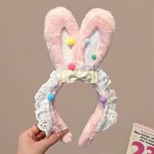 1个可爱蝴蝶结复活节兔子耳朵毛绒发箍，蕾丝洗脸发带，节日女士头饰 - 彩色 - 查看 6