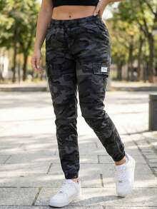 女士运动休闲迷彩工装裤，Y2K 高腰口袋慢跑裤，街头风 - 深灰色 - 查看 1