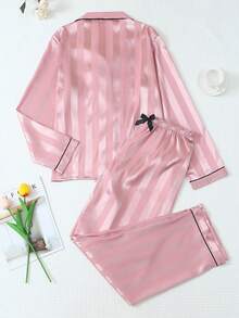 2pcs Satin Striped Pajama Set, Sweet Cute Lapel Button Long Sleeve Top And Pants, Women Sleepwear And Loungewear For Home Use - Pink - View 2