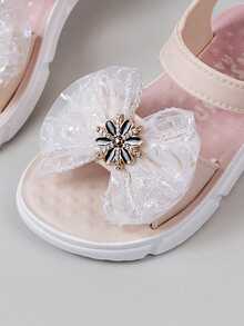 1 Pair Girls' Soft Sole Hook And Loop Non-Slip Casual Fashion Bow Rhinestone Sandals, Flat Open Toe Cute Beach Shoes, Suitable For Summer - Beige - View 6