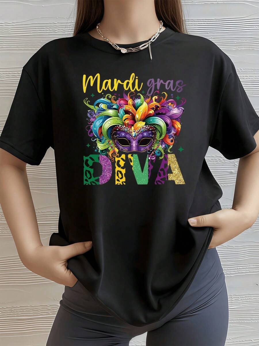 Máscara colorida de carnaval con plumas y detalles festivos que transmiten alegría y celebración camiseta de mujer 100% algodón 220g - Negro - Ver 1