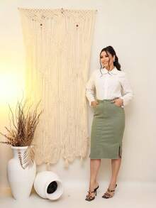 Denim Skirt With Lycra And Side Slits, Olive Green Wash, High Waist, Modest, Christian Fashion, Luxury, Sizes 38 To 48, Premium. - Màu xanh Ô liu - Xem 4