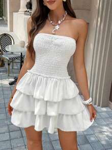 Unadoll 女士夏季可爱优雅无肩带褶皱上身层叠荷叶边下摆白色迷你连衣裙度假约会装 - 白色 - 查看 6