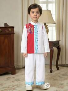 年轻男孩服装 - 飘逸的裤子和羽毛印花衬衫，一份可爱的礼物 - 白色 - 查看 4