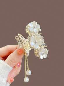 1pc Women's Small Metal Flower Rhinestone Hair Claw Clip, Suitable For Daily Wear - Red - View 7