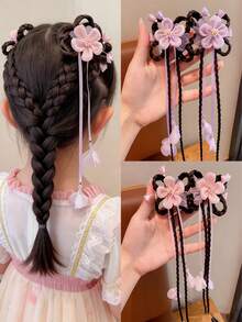 2pcs/Set Girls Fabric Flower Tassel Braided Hair Clips, Ancient Chinese Style Headpiece For New Year, Dance - Multicolor - View 1