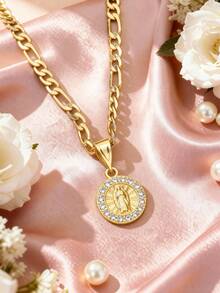 1pc Elegant Shiny Guadalupe Virgin Mary Copper Pendant Necklace With Cubic Zirconia, Suitable As Gift For Girls/Boys/Family/Friends, Multipurpose, Luxury, Party, Banquet, Holiday, Christmas, Thanksgiving, Halloween - Yellow Gold - View 10