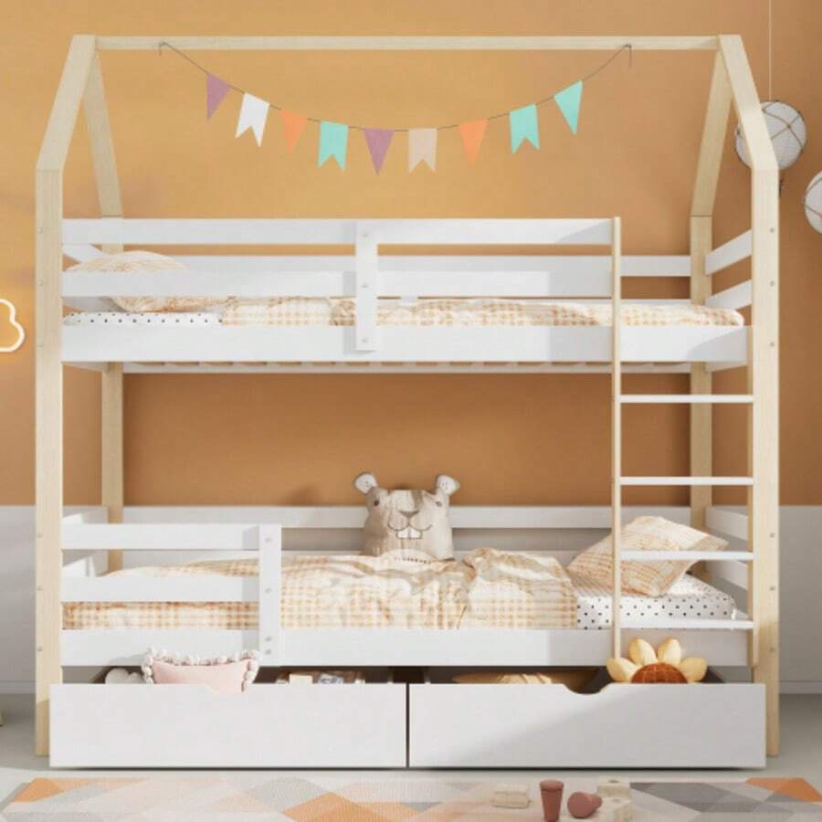 Double Bed, House Shape, Large Drawers, Pine Family Bed, 90 X 200 Cm, Without Mattress [Old SKU: 32269234aaw] - White - View 1