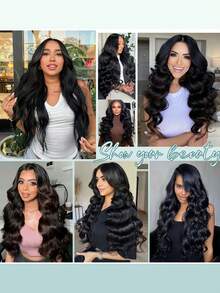 长款中分黑色波浪卷假发，耐热合成纤维，适合女性日常、角色扮演或派对佩戴。 - 黑色 - 查看 6