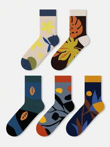 1/5 Pairs Unisex Couple Plant Leaf Graphic Art Design Breathable Cotton Crew Socks, Suitable For Travel, Home, Office, Holidays, Gift - Multicolor - View 17
