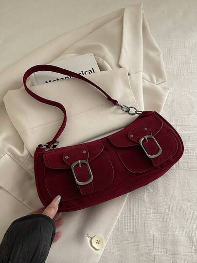 Klassisk enfärgad PU-axelväska i matt, med metallspänne och dekoration, lämplig för shopping, pendling, fester, presenter, födelsedagar, alla hjärtans dag, vardagligt bruk. Vintage vinröd pendlarväska, lämplig för arbete, shopping, fester och sammankomster.