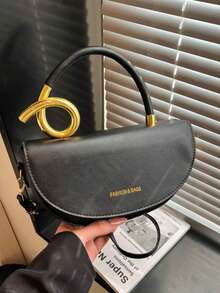 Women's Retro Fashion Simple Casual Flap Closure Structured Box Bag With Metal Hardware Design, Handheld Or Shoulder Strap, Suitable For Outing And Commuting - Black - View 1