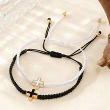 2PCS/Set Leisure Simple Copper Bead Bracelet, Cross Bracelet, Black And White Lucky Bracelet, Black And White Adjustable Bracelet, Stackable Bracelet, Couple Bracelet, Cross Easter Card, Friend Gift, Birthday Gift, Sisters Bracelet, Family Gift, Valentine's Day Gift, New Mother Gift, Christian Gift, Baptism Gift, Anniversary Gift - Multicolor - View 5