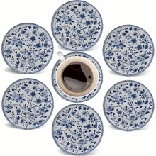 6件套瓷纹圆形木质杯垫 - 4英寸/10厘米，2D印刷平面杯垫，适用于咖啡桌、家居装饰、酒吧、玻璃杯和啤酒杯 - 理想的乔迁礼物、公寓装饰、节日杯垫、桌面装饰、礼品，可选1套、2套或3套 - 霧霾藍 - 查看 1