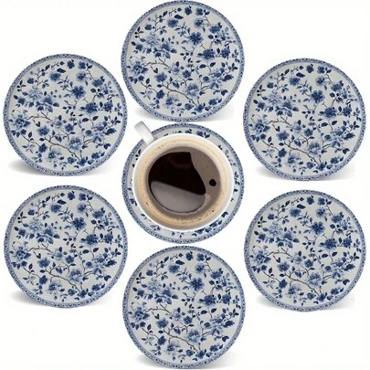 6pcs/Set Blue And White Porcelain Pattern Round Wooden Coasters - 4 Inches/10cm, 2D Printed Flat Coasters, Suitable For Coffee Tables, Home Decor, Bars, Kitchens, Weddings, Glasses And Mugs - Ideal Housewarming Gift, Apartment, Holiday Coasters, Tabletop Decor, Room Decor, Kitchen Accessories, Gifts, Mother's Day Gifts, Spring Decor, Available In 1 Set, 2 Sets Or 3 Sets