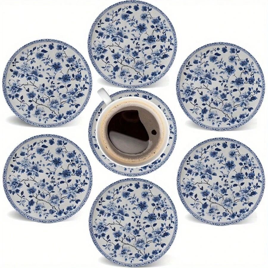 6件套瓷纹圆形木质杯垫 - 4英寸/10厘米，2D印刷平面杯垫，适用于咖啡桌、家居装饰、酒吧、玻璃杯和啤酒杯 - 理想的乔迁礼物、公寓装饰、节日杯垫、桌面装饰、礼品，可选1套、2套或3套 - 霧霾藍 - 查看 1