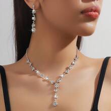 Conjunto com 2 Peças de Bijuteria Elegante ,Brincos, Colar, Pulseira e Anel ,Cristal & Strass Brilhante - Prata - Visão 4