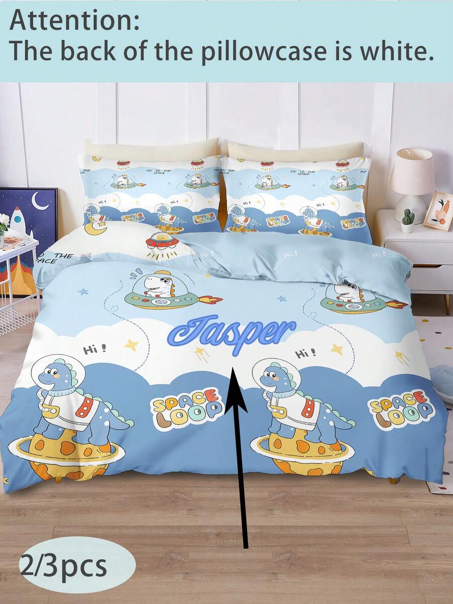 2/3PCS Personalized Customized Fun Dinosaur Astronaut Duvet Set, Made Of Polyester Material, Digital Printing, Suitable For Children, Gifts, Bedroom Decoration, Planet, Blue. - Multicolor - View 1