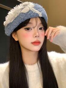 1件极简主义花卉针织贝雷帽，适合春秋季节，韩式风格，修饰脸型，显瘦，百搭，艺术画家帽。