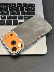Alloy Leather Luxury Splicing Elements Metal Denim Texture Luxury Alloy Leather Splicing Element Fashion Denim Soft Leather 1pc Phone Case Compatible With IPhone 17 Air 16 15 14 Plus 13 12 11 Pro Max Shock-Resistant Frame Fabric Brand Protective Cover Gift Birthday Anniversary - Grey - View 3