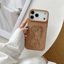 Customized Soft Leather Phone Case With Line Art Design, Compatible With IPhone 17/16/15/14/13/12/11 Pro Max And Plus Series, Lens Protection, Anti-Fall And Wear-Resistant, UV Printing Technology, Handwritten Brush Style, Perfect Gift For Birthday And Anniversary - Khaki - View 3