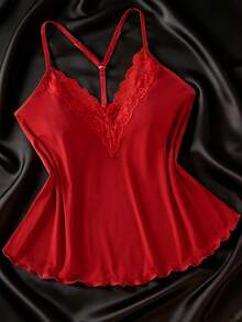 两件套女士性感内衣套装，纯色露背上衣，配有可调节肩带；舒适弹力短裤，饰有蕾丝花边，性感睡衣套装 - 酒紅色 - 查看 5