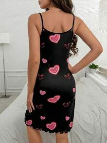 情人节爱心印花优雅舒适吊带睡裙 - 黑色 - 查看 2