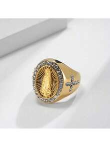 1pc Virgin Mary Shape Rhinestone Inlay Stainless Steel Ring, 18k Gold Plated Hand Accessory - Stainless Steel Ring - View 17