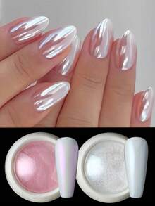 2 Farben Aurora Weiß Rosa Nagelpulver Y2K Ästhetik Fairy Perle Schimmer Spiegel Rubbing Pigment Gel Lack DIY Rubbing Flake Maniküre Deko - Verschiedenfarbig - Übersicht 3