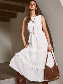 Đầm nữ mùa hè mới, màu trơn, thêu họa tiết, xếp ly, không tay, thắt eo, thích hợp cho kỳ nghỉ, lễ hội âm nhạc, phong cách phương Tây thanh lịch. - trắng - Xem 1