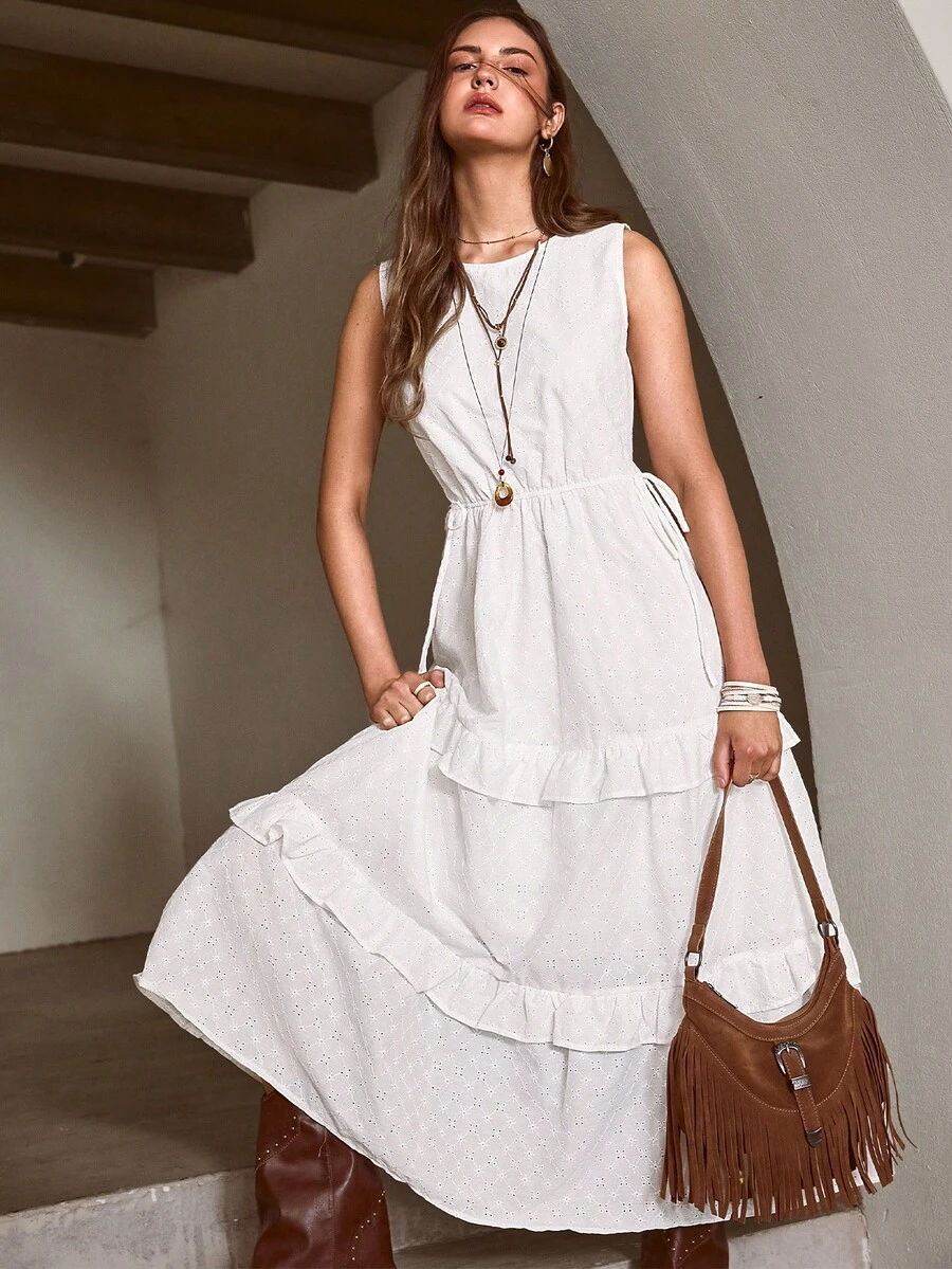 Đầm nữ mùa hè mới, màu trơn, thêu họa tiết, xếp ly, không tay, thắt eo, thích hợp cho kỳ nghỉ, lễ hội âm nhạc, phong cách phương Tây thanh lịch. - trắng - Xem 1