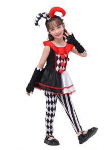 4pcs/Set Girls' Circus Clown Plaid Dress, Pants, Gloves And Headpiece, Children's Carnival Performance Costume - Multicolor - View 9