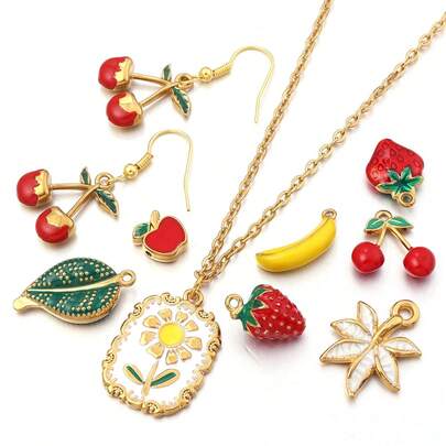 2개/팩 스테인리스 스틸 과일 펜던트, 사실적인 체리 & 딸기 오일 드롭 참, 귀여운 패션 팔찌 목걸이 귀걸이 DIY 주얼리 제작 액세서리