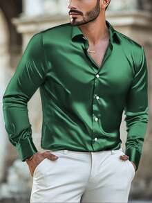 NITAGUT 男士休闲纯色缎面衬衫，春秋装，秋季