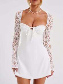 Women Mini Dress Long Sleeve Backless Low-Cut Tie-Up Lace Patchwork Cocktail Dress A-Line Dress - 白色1 - 查看 2