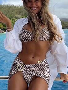 Bộ đồ bơi nữ Xuân/Hè 2026 - Áo bơi in họa tiết bất đối xứng trang nhã, gợi cảm kiểu retro, quần bơi tam giác, bikini kiểu sarong cho kỳ nghỉ/đi biển. - Màu Khaki - Xem 4