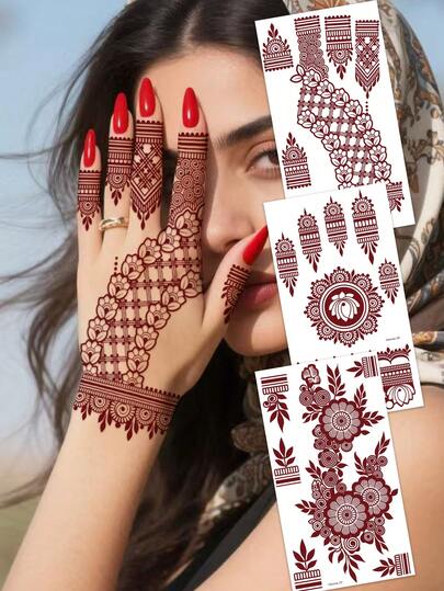 3张防水临时纹身贴纸，采用红色和棕色指甲花曼陀罗图案，展现女性柔美的花卉指甲花人体彩绘。适用于手部、手臂、脚部，可用于派对、节日、礼品和婚礼装饰，由Mehndi设计。