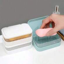 1pc Simple Soap Dish Drain Soap Tray Plastic Rectangular Soap Holder Soap Holder Bathroom Minimalist Soap Storage Rack Bathroom Accessories - Baby Blue - View 8