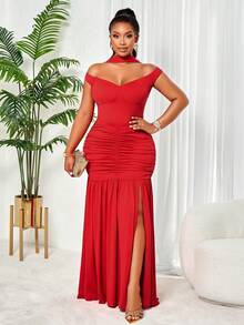 BIUBIU Elegant Red Maxi Dress For Women, Off Shoulder Ruched Mermaid Dress With High Slit - Red - View 3
