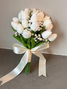 White Tulip And Calla Lily Artificial Flower Bouquet, Bridesmaid Bouquet For Wedding, Bridal Bouquet, Wedding, Ceremony, Anniversary, Fake Flower Spring Home Decor, Photography Props, Centerpiece, Party Table Decor, Holiday Decoration, Easter Gift, Birthday, Graduation - Multicolor - View 7